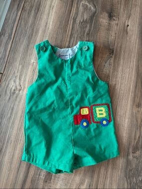 Vintage Green Kids One-Piece with Colorful Truck Appliqué